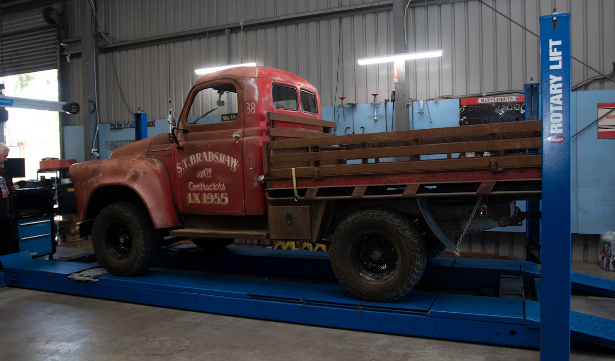professional wheel alignment on a classic 1954 International AS-160 truck